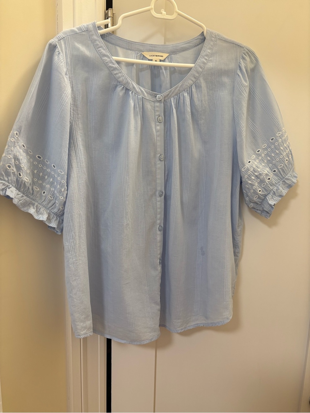 Lucky Brand Pale Blue Button-Front Eyelet Sleeve Blouse - Picture 2 of 7